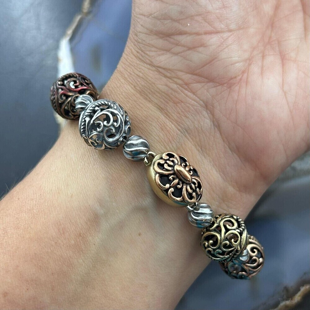 Carolyn Pollack Sterling, Brass, Copper Decorated Swirl Beads Bracelet For Women - Picture 3 of 10